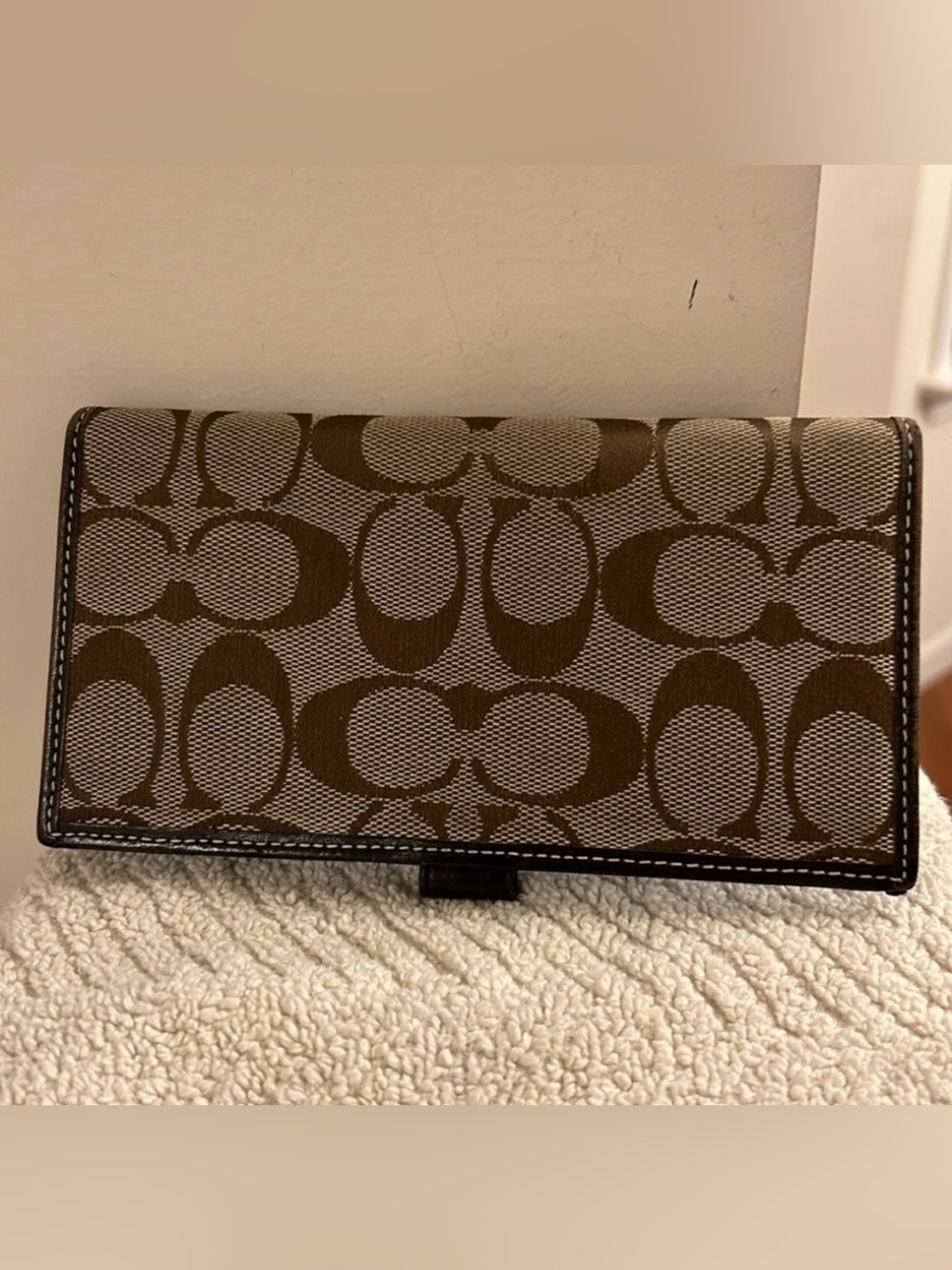 Coach Brown Signature Jacquard Checkbook Cover with Pen Loop